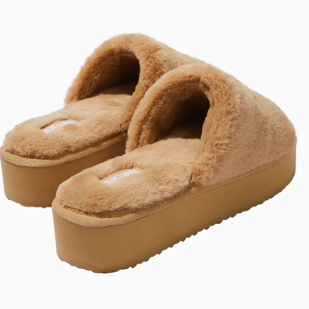 Tan Platform Slippers with Plush Upper and Open-Back Design